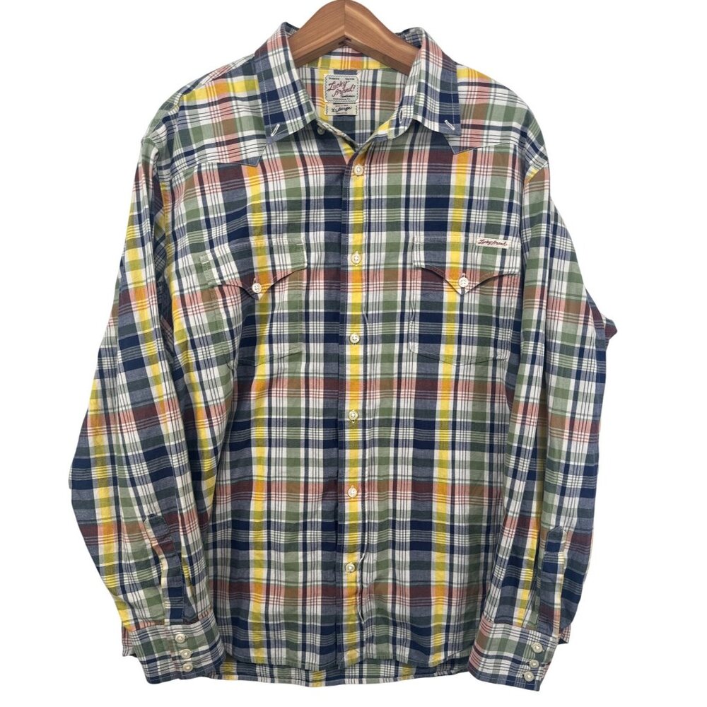 Vintage Lucky Brand Mens Shirt Sz XL Navy/Yellow Plaid Long-Slv Western ButtonUp